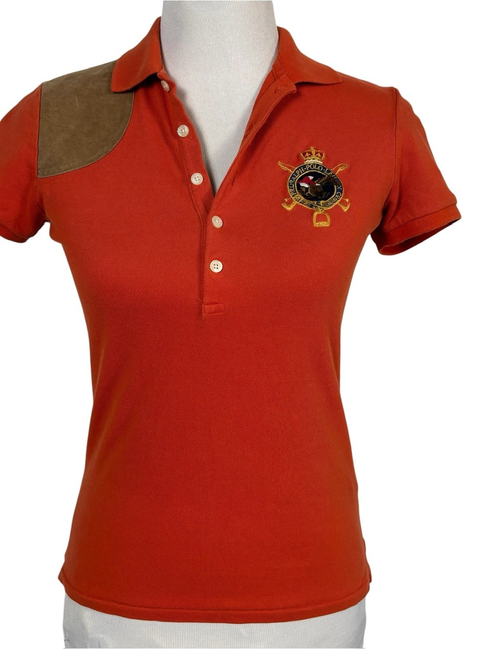 Polo Ralph Lauren Womens Orange Shirt Suede Shoulder Patch Equestrian Crest Sz S